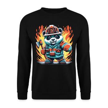 Mutig im Einsatz: Feuerwehr Panda im Dienst - Unisex Pullover - Schwarz - Vorne - Alina (178cm) & Michal (187cm)