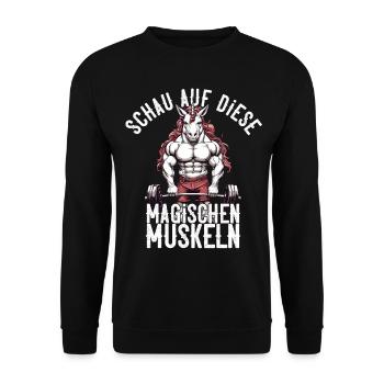 Einhorn Bodybuilder Magische Muskeln Design - Unisex Pullover - Schwarz - Vorne - Alina (178cm) & Michal (187cm)