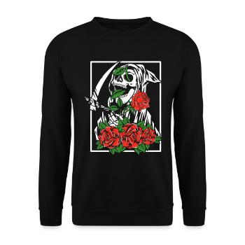 Sensenmann mit Rosen | Totenkopf Blumen - Unisex Pullover - Schwarz - Vorne - Alina (178cm) & Michal (187cm)