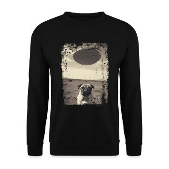 Lustiger Mops Hund mit UFO Retro Vintage Alien - Unisex Pullover - Schwarz - Vorne - Alina (178cm) & Michal (187cm)