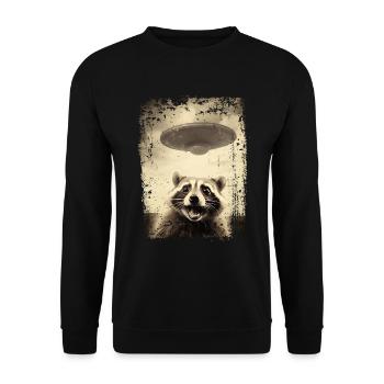 Lustiger Waschbär mit UFO Retro Vintage Alien - Unisex Pullover - Schwarz - Vorne - Alina (178cm) & Michal (187cm)