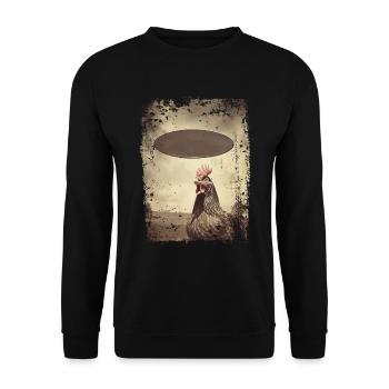 Lustiger Hahn und Huhn mit UFO Retro Vintage Alien - Unisex Pullover - Schwarz - Vorne - Alina (178cm) & Michal (187cm)