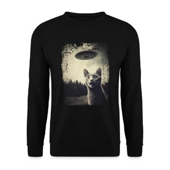 Lustige Katze mit UFO Retro Vintage Alien - Unisex Pullover - Schwarz - Vorne - Alina (178cm) & Michal (187cm)