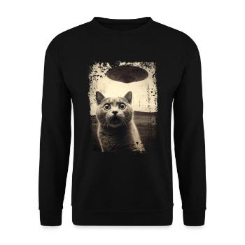 Lustige Katze mit UFO Retro Vintage Alien - Unisex Pullover - Schwarz - Vorne - Alina (178cm) & Michal (187cm)