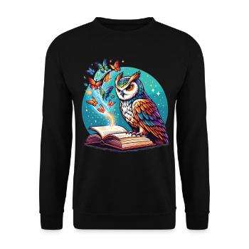Büchertraum mit Eule und Schmetterlingen - Unisex Pullover - Schwarz - Vorne - Alina (178cm) & Michal (187cm)