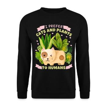 Katzen und Pflanzen lustiger Spruch mit Blumentopf - Unisex Pullover - Schwarz - Vorne - Alina (178cm) & Michal (187cm)
