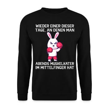Muskelkater im Mittelfinger Hase Lustiger Spruch - Unisex Pullover - Schwarz - Vorne - Alina (178cm) & Michal (187cm)