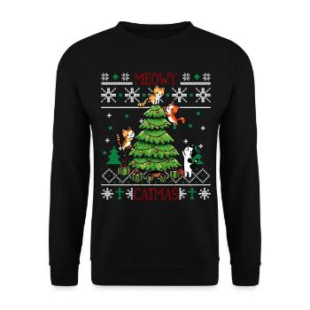 Meowy Catmas - Katze Pajamas PJ Ugly Funny Xmas - Unisex Pullover - Schwarz - Vorne - Alina (178cm) & Michal (187cm)
