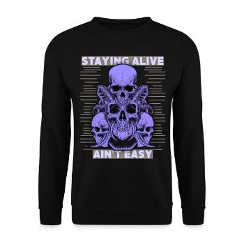 Totenköpfe, Spruch Staying Alive, Teufelsschädel - Unisex Pullover - Schwarz - Vorne - Alina (178cm) & Michal (187cm)