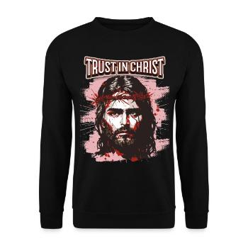 Jesus Christus mit Dornenkrone christlicher Spruch - Unisex Pullover - Schwarz - Vorne - Alina (178cm) & Michal (187cm)