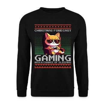 Funny Christmas Forecast Gaming Katze Ugly Xmas - Unisex Pullover - Schwarz - Vorne - Alina (178cm) & Michal (187cm)