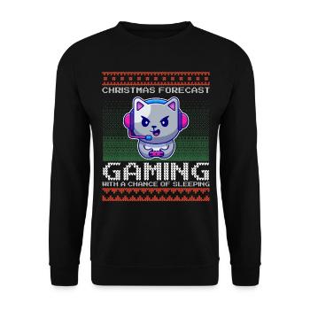 Funny Christmas Forecast Gaming Katze Ugly Xmas - Unisex Pullover - Schwarz - Vorne - Alina (178cm) & Michal (187cm)