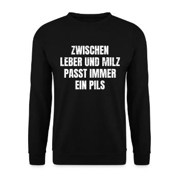 Zwischen Leber und Milz Lustiger Feierabend Spruch - Unisex Pullover - Schwarz - Vorne - Alina (178cm) & Michal (187cm)