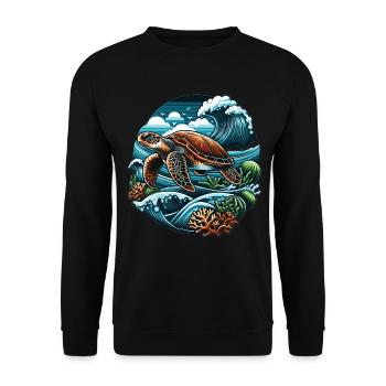Meeresleben Schildkröte: Ozeanwellen und Korallen - Unisex Pullover - Schwarz - Vorne - Alina (178cm) & Michal (187cm)
