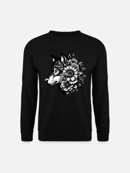 Wolf Blumen Tier Grafik Wolfsliebhaber - Unisex Pullover - Schwarz