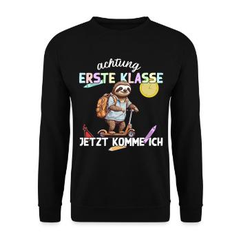 Faultier Erste Klasse Einschulung Roller Design - Unisex Pullover - Schwarz - Vorne - Alina (178cm) & Michal (187cm)