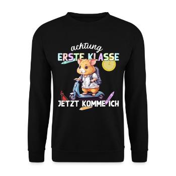 Hamster Erste Klasse Einschulung Schulstart - Unisex Pullover - Schwarz - Vorne - Alina (178cm) & Michal (187cm)