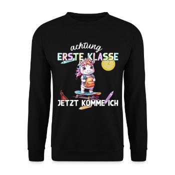 Einhorn Skateboard Einschulung Erste Klasse - Unisex Pullover - Schwarz - Vorne - Alina (178cm) & Michal (187cm)