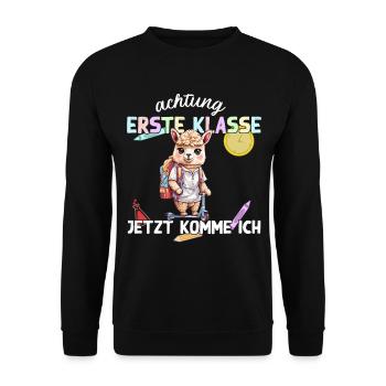 Erste Klasse Lama Alpaka Einschulung Motiv - Unisex Pullover - Schwarz - Vorne - Alina (178cm) & Michal (187cm)
