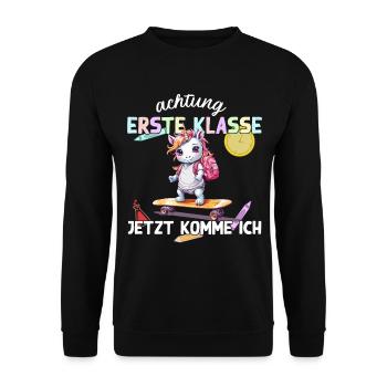 Einhorn Erste Klasse mit Skateboard Einschulung - Unisex Pullover - Schwarz - Vorne - Alina (178cm) & Michal (187cm)