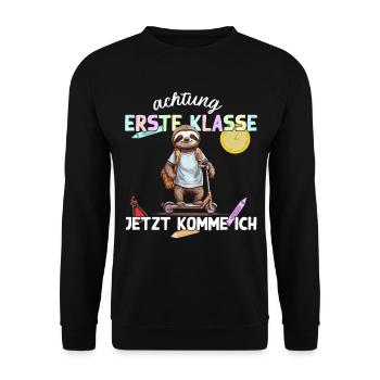 Lustiges Faultier Schulkind auf Roller Einschulung - Unisex Pullover - Schwarz - Vorne - Alina (178cm) & Michal (187cm)