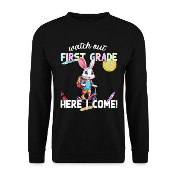 Schule Hase auf Roller lustiger Schulanfang Spruch - Unisex Pullover - Schwarz - Vorne - Alina (178cm) & Michal (187cm)