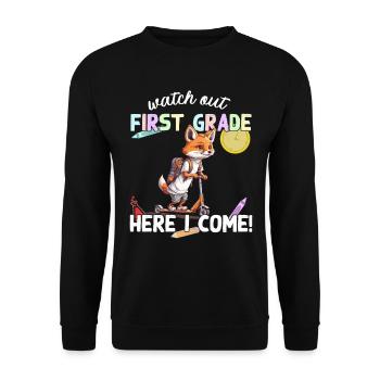 Fuchs Schulkind Einschulung mit Roller zur Schule - Unisex Pullover - Schwarz - Vorne - Alina (178cm) & Michal (187cm)