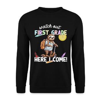 Faultier Schulanfang mit Roller Lustiger Spruch - Unisex Pullover - Schwarz - Vorne - Alina (178cm) & Michal (187cm)
