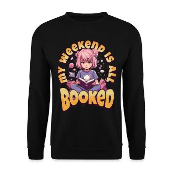 Fully Booked Weekend Kawaii Anime Girl Bookworm - Unisex Sweatshirt - black - Front - Alina (178cm) & Michal (187cm)