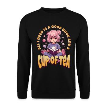 Cup of Tea - Kawaii Anime Girl for Bookworms - Unisex Sweatshirt - black - Front - Alina (178cm) & Michal (187cm)