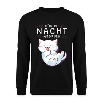 Möge die Nacht mit dir sein - Schlafshirt Katze - Unisex Pullover - Schwarz - Vorne - Alina (178cm) & Michal (187cm)