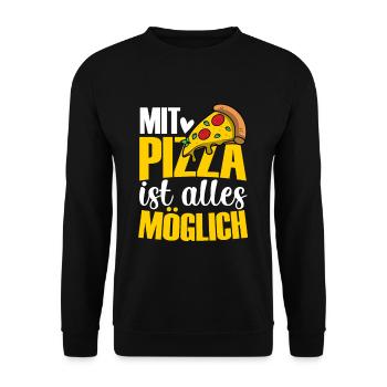 Mit Pizza ist alles möglich, Humor, Spaß, Fun, - Unisex Pullover - Schwarz - Vorne - Alina (178cm) & Michal (187cm)