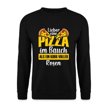 Lieber eine Pizza im Bauch als einen Korb Rosen, - Unisex Pullover - Schwarz - Vorne - Alina (178cm) & Michal (187cm)