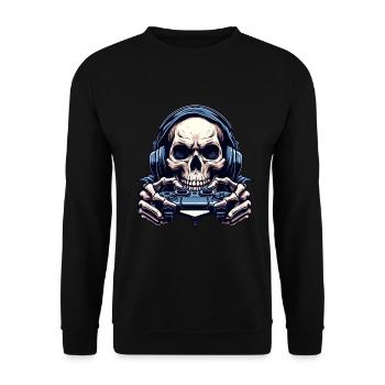 Skelett mit Gamecontroller. Design für Gamer - Unisex Pullover - Schwarz - Vorne - Alina (178cm) & Michal (187cm)