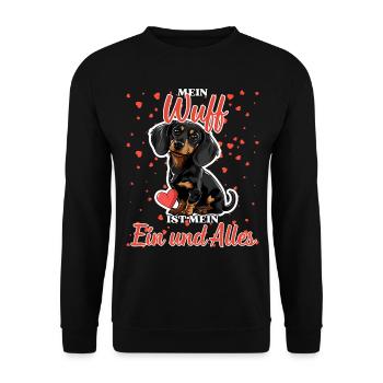 Mein Wuff ist mein Ein und Alles - Dackel Liebe - Unisex Pullover - Schwarz - Vorne - Alina (178cm) & Michal (187cm)