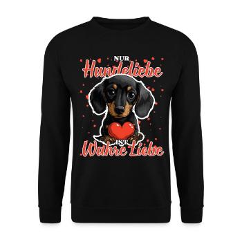 Hundeliebe Wahre Liebe - Lustige Dackel Liebe - Unisex Pullover - Schwarz - Vorne - Alina (178cm) & Michal (187cm)