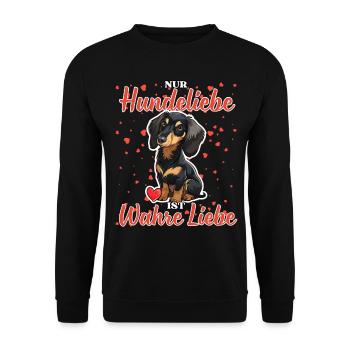Hundeliebe Wahre Liebe - Lustige Dackel Liebe - Unisex Pullover - Schwarz - Vorne - Alina (178cm) & Michal (187cm)