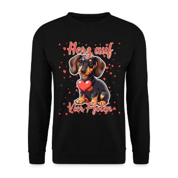Herz auf vier Pfoten - Lustige Dackel Liebe - Unisex Pullover - Schwarz - Vorne - Alina (178cm) & Michal (187cm)