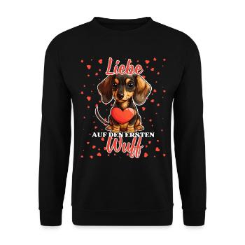 Liebe auf den ersten Wuff - Lustige Dackel Liebe - Unisex Pullover - Schwarz - Vorne - Alina (178cm) & Michal (187cm)
