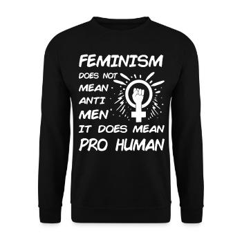 Feminismus bedeutet nicht gegen Männer, es bedeutet menschlich - Unisex Pullover - Schwarz - Vorne - Alina (178cm) & Michal (187cm)