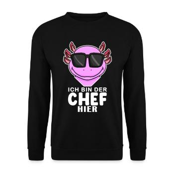 Chef Spruch Anführer Axolotl Amphibien Motiv - Unisex Pullover - Schwarz - Vorne - Alina (178cm) & Michal (187cm)