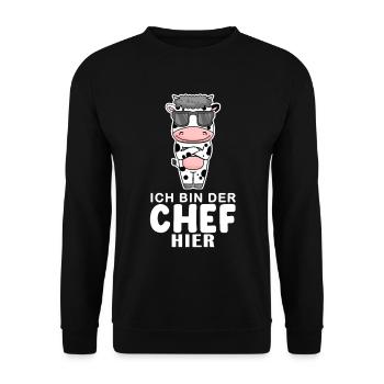 Chef Spruch Anführer Kuh Motiv - Unisex Pullover - Schwarz - Vorne - Alina (178cm) & Michal (187cm)