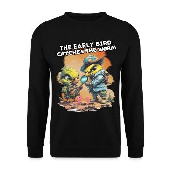 THE EARLY BIRD CATCHES THE WORM. Spaß, Fun, Cool, - Unisex Sweatshirt - black - Front - Alina (178cm) & Michal (187cm)
