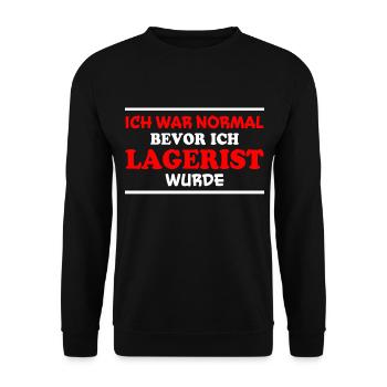 Lagerist Spruch Logistik Lustige Lagerist Geschenk - Unisex Pullover - Schwarz - Vorne - Alina (178cm) & Michal (187cm)