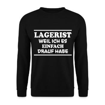 Lagerist Spruch Logistik Lustige Lagerist Geschenk - Unisex Pullover - Schwarz - Vorne - Alina (178cm) & Michal (187cm)