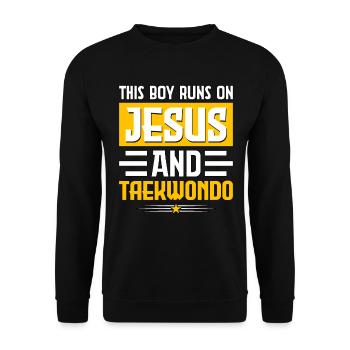This Boy runs on Jesus and Taekwondo - Unisex Sweatshirt - black - Front - Alina (178cm) & Michal (187cm)