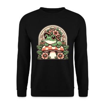Cottage Core Frosch Mit Blumenhut Pilz - Unisex Pullover - Schwarz - Vorne - Alina (178cm) & Michal (187cm)