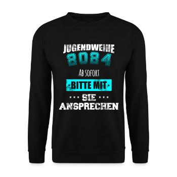 Jugendweihe 2024 - Bitte mit Sie ansprechen - Unisex Pullover - Schwarz - Vorne - Alina (178cm) & Michal (187cm)