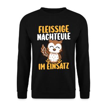 Fleißige Nachteule Nachtschicht - Unisex Pullover - Schwarz - Vorne - Alina (178cm) & Michal (187cm)
