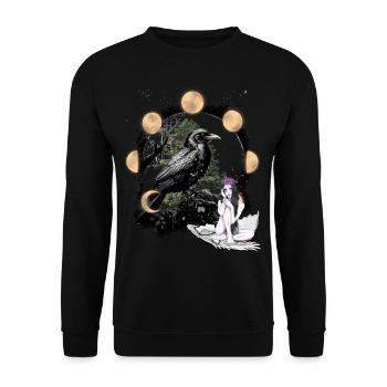 Rabe Mädchen Fantasy Dark Mond Natur Okkult - Unisex Pullover - Schwarz - Vorne - Alina (178cm) & Michal (187cm)